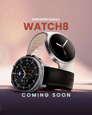 Samsung Galaxy Watch 8 advertisement featuring two watch models