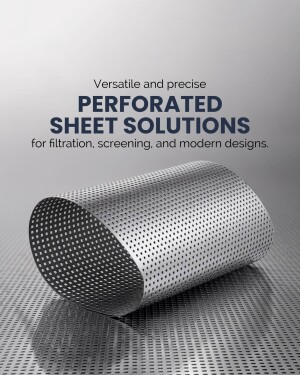 Close-up of a rolled perforated metal sheet with text overlay.