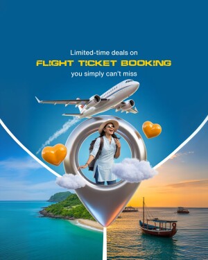 Image promoting limited-time deals on flight ticket bookings with a woman looking through a location pin.