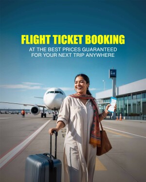 Woman at the airport with a suitcase and phone, promoting flight ticket booking.