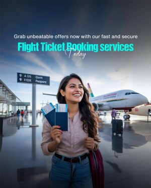 Woman holding flight tickets at the airport with a plane in the background