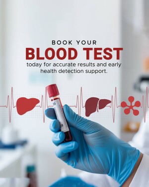 Image of a gloved hand holding a blood test tube with medical illustrations in the background.