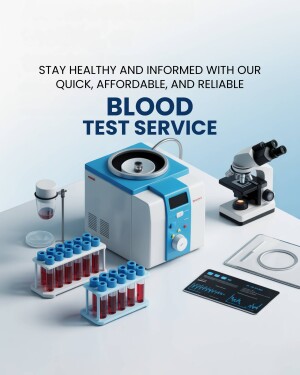 Image depicting blood test equipment and blood samples, promoting a blood test service.