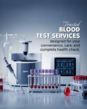 Image depicting blood test equipment and blood samples, promoting blood test services.
