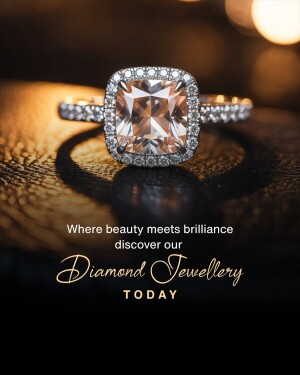 Close-up of a diamond ring with a square cushion cut stone and halo setting, displayed on a dark surface with text promoting diamond jewelry.
