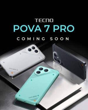 Tecno Pova 7 Pro smartphone advertisement showcasing different color variants.