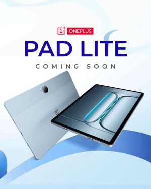 OnePlus Pad Lite tablet advertisement with a silver finish and blue accents.