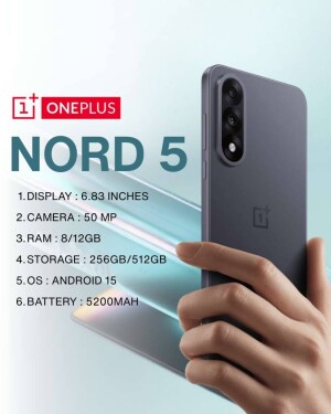 OnePlus Nord 5 smartphone with key specifications displayed