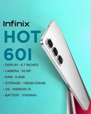 Silver Infinix Hot 60i smartphone with specifications listed