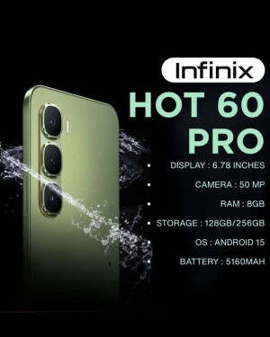 Infinix Hot 60 Pro smartphone with green color and water splash effect