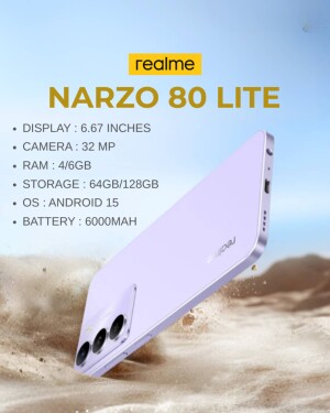 Realme Narzo 80 Lite smartphone in lavender color with specifications