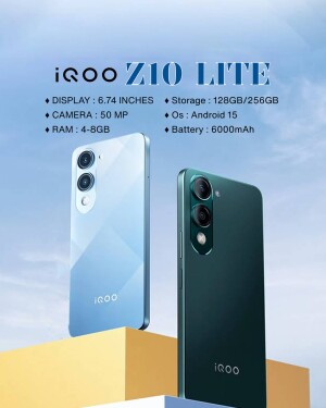 iQOO Z10 Lite smartphone in blue and green colors with specifications