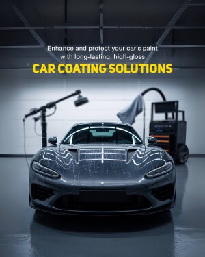 Gray sports car with water droplets and lighting effects, advertising car coating services.
