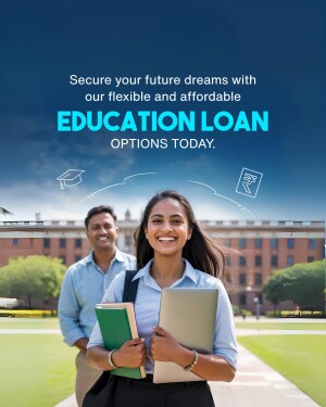 Students with books and a university building in the background, promoting education loans.