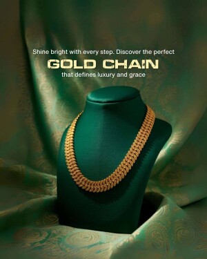 Close-up of a gold chain on a velvet bust, advertising luxury jewelry.