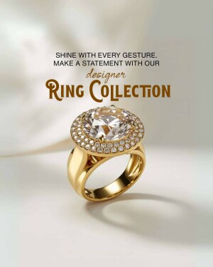Close-up of a luxurious gold ring with a large diamond centerpiece.