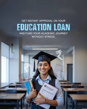 Young woman with graduation cap holding documents, promoting education loans.