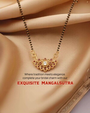 Close-up of a gold and black beaded mangalsutra with a ruby pendant.