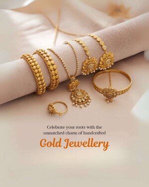 Close-up of gold bracelets, necklace, earrings, and ring on a beige fabric background.