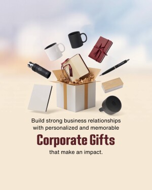 Floating corporate gifts including mugs, notebooks, pens, and a gift box