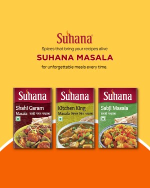 Suhana Masala product range featuring Shahi Garam Masala, Kitchen King Masala, and Sabji Masala.