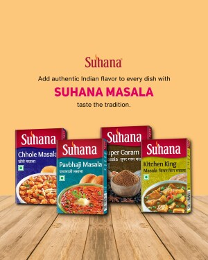 Suhana Masala spice boxes with product images and branding.