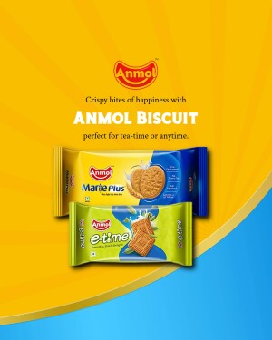 Anmol Marie Plus and E-Time biscuits packaging with biscuits and milk splash.