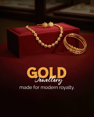 Close-up of gold jewellery set on a red velvet box with 'GOLD Jewellery' text.
