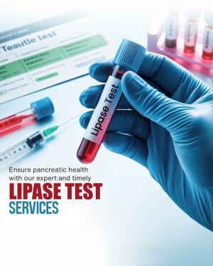 Close-up of a gloved hand holding a blood sample tube labeled 'Lipase Test' with syringes and a test report in the background.