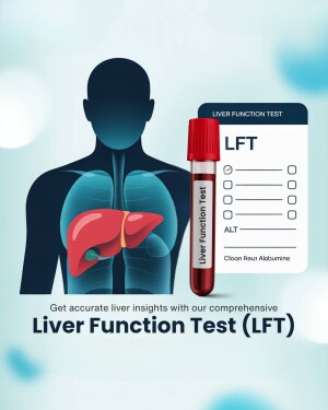 Illustration of a human torso with a highlighted liver and a test tube labeled Liver Function Test.