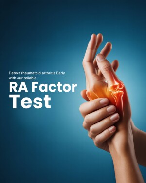 Image depicting a hand with a highlighted, inflamed joint, promoting an RA Factor Test for early rheumatoid arthritis detection.