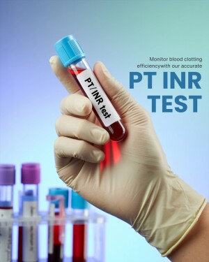 A gloved hand holding a blood sample tube labeled 'PT/INR Test'.
