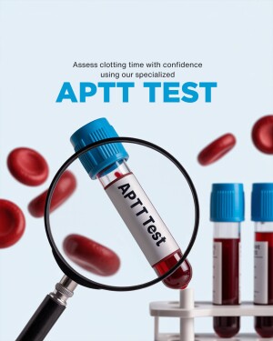 Image of an APTT test tube under a magnifying glass with blood cells, representing clotting time analysis.