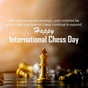 Image celebrating International Chess Day with a chess king and pieces.