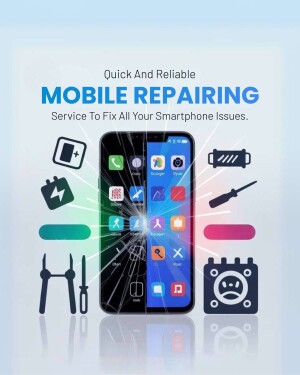 Image depicting mobile phone repair services with a broken and fixed smartphone screen and repair tools.