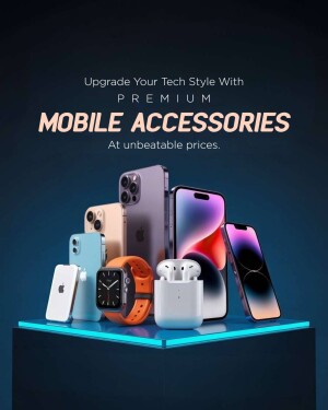 A promotional image featuring various mobile accessories like phones, smartwatches, and earbuds.