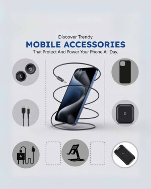 Collection of mobile phone accessories including chargers, cables, power banks, and phone cases.
