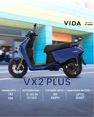 Blue Vida VX2 Plus electric scooter parked on a city street