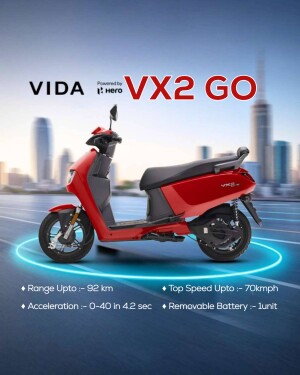 Red Vida VX2 Go electric scooter against a city backdrop