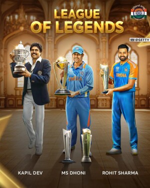 A digital artwork featuring Kapil Dev, MS Dhoni, and Rohit Sharma with cricket trophies.
