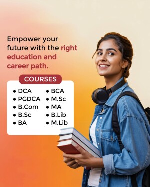 Young woman with books and backpack promoting education courses