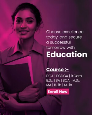 Young woman smiling with text promoting education courses