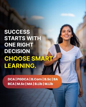 Young woman walking with a backpack, promoting educational courses.