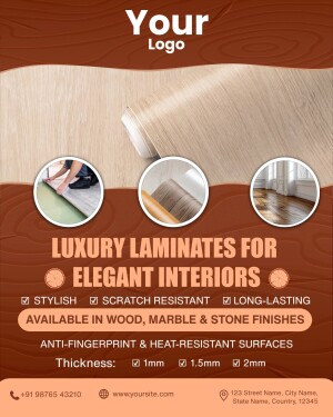 Flyer advertising luxury laminate flooring with images of different finishes and features.