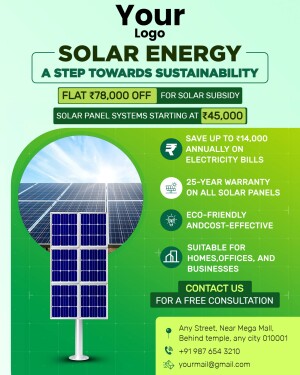 Promotional flyer for solar energy systems with discount offer.