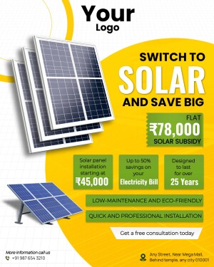 Advertisement promoting solar panel installation and savings with subsidy details.