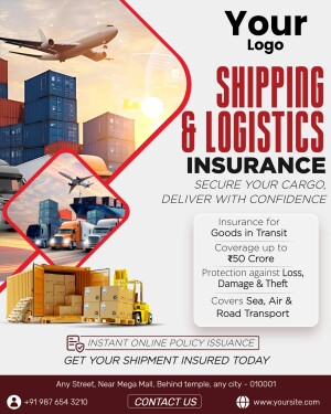 Flyer advertising shipping and logistics insurance services with images of planes, trucks, and cargo containers.
