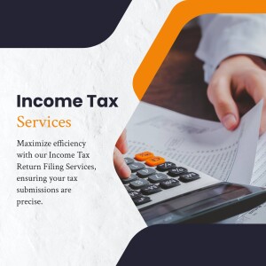 Image depicting income tax services with a person using a calculator and tax documents.