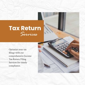 Image depicting tax return services with a laptop, calculator, and hands typing.