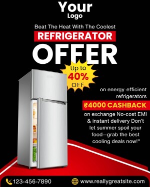 Advertisement for a refrigerator offer with cashback and exchange benefits.